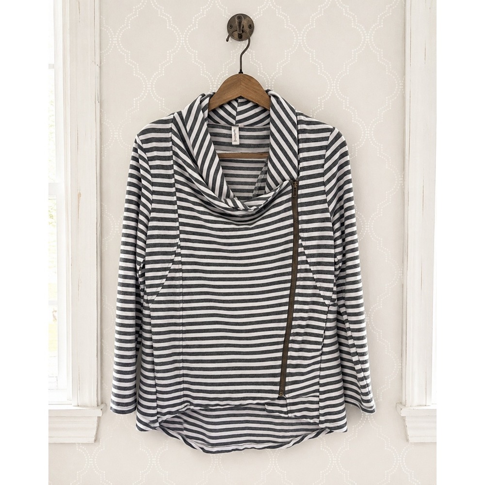 My Beloved Striped Asymmetrical Zip Cowl Neck Pullover Top Size L
